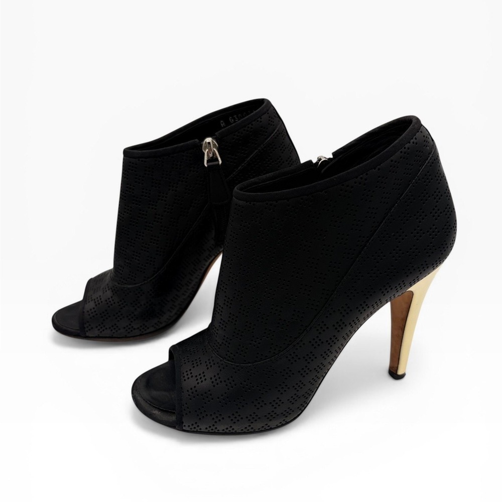 Chanel CC Heel Peep Toe Booties COA 37.5 Black Gold Perforated Leather 4" BOX - Picture 7 of 12